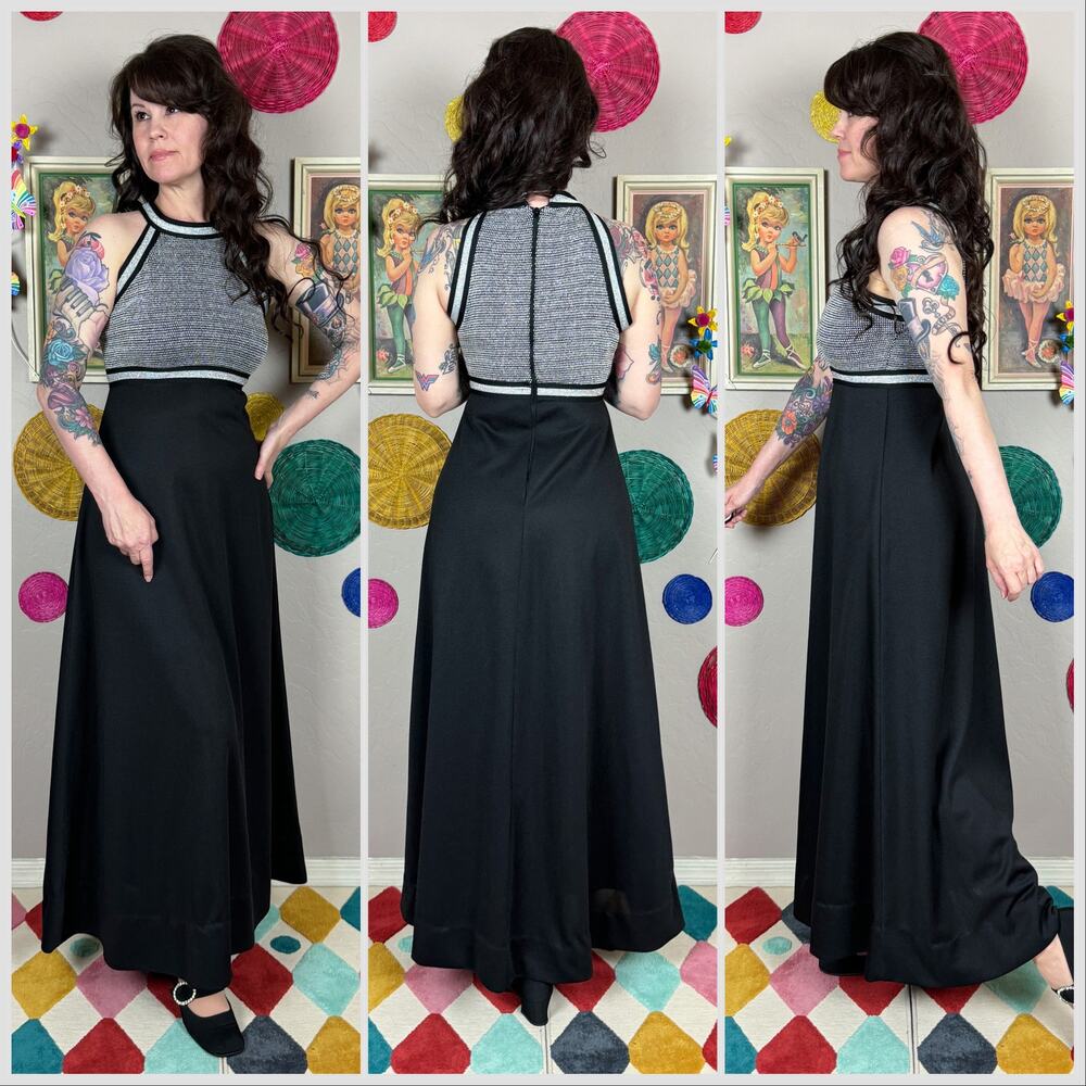 Vintage 1970s Black and Silver Halter Maxi Dress - Picture 3 of 7